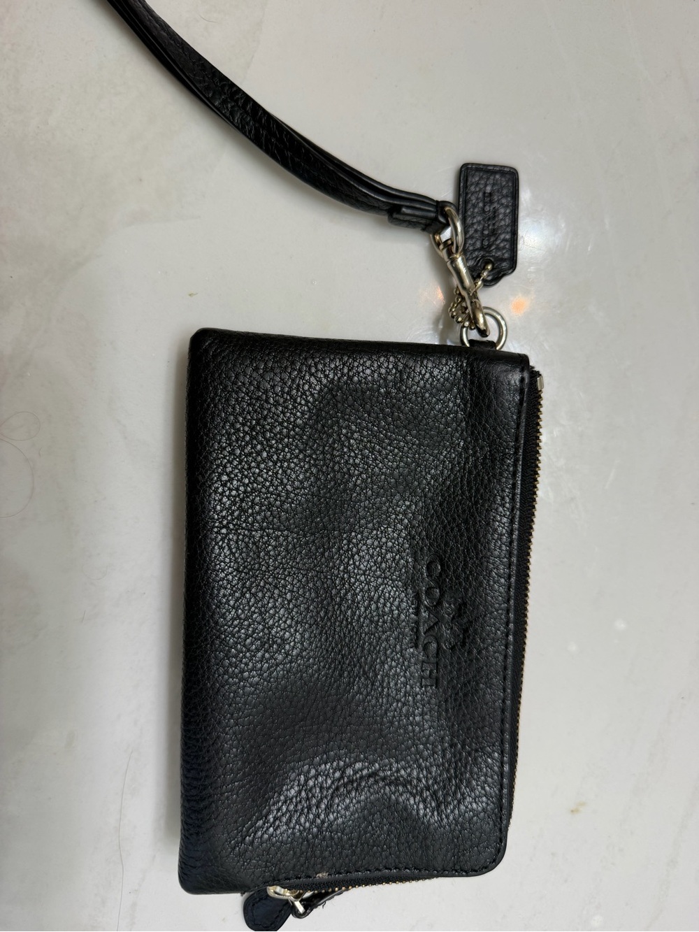 Coach Black Pebbled Leather Wristlet Wallet with Zip and Strap